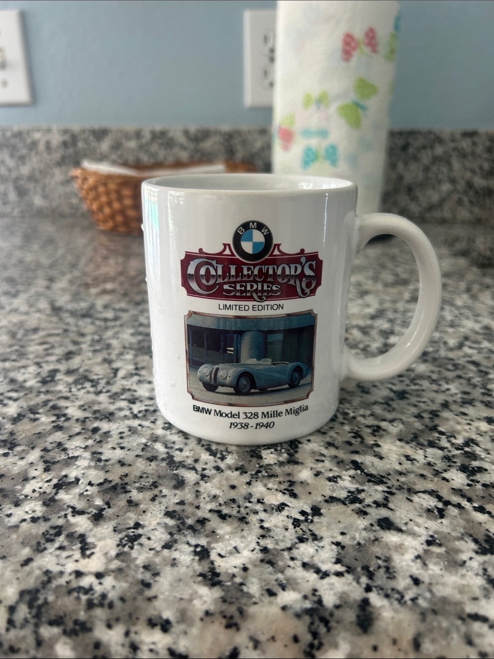 BMW White Mug with Blue and Burgundy Graphics